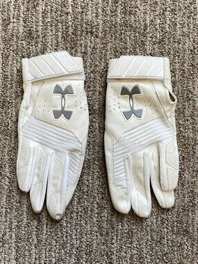New Men's Small Under Armour UA Heatgear Leather Batting Gloves White